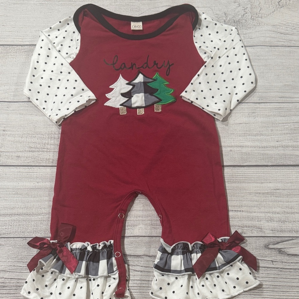 Baby Girls Deep Red Personalized “LANDRY” Christmas Romper